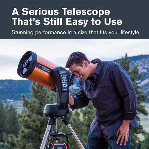 Man adjusting NexStar 8SE Computerized Telescope With 8 Inch Schmidt Cassegrain Optics Fully Automated GoTo Mount outdoors