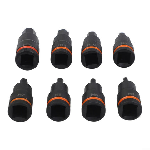 Tough Chrome Vanadium Steel Hex Socket Adapter Kit For Impact Drivers Fits H4 Through H17 Sizes With 8 Pieces Ready To Rock In Any Workshop Job Without Stripping Or Breaking Under Heavy Torque. H4-H17 adapters, 8-piece set, black steel.