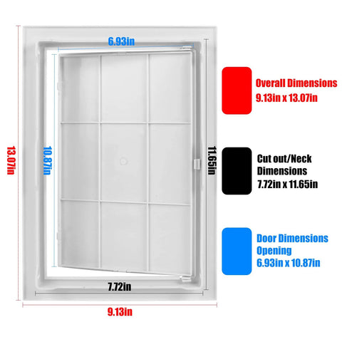 Heavy Duty White Plastic Access Panel For Drywall And Ceiling No Sweat Installation Removable Hinged Door dimensions 9.13x13.07in.