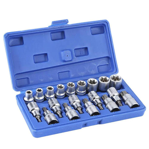 19 Piece Set 2 Inch Drive Star Hex Socket Bit Kit For Car Repair And Maintenance with male and female sockets in blue case