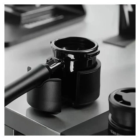 Heavy Duty Adjustable 51 53 58 Millimeter Portafilter Holder Tamping Platform crafted from tough aluminum on a sleek counter.