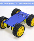 Four Wheel Drive Robot Car Chassis Kit With Metal Frame And Four TT Encoder DC Motors For Arduino Raspberry Pi Microbit DIY Remote Control Mobile Robotic Platform For Maker Education And Hands On Projects, showing metal frame and yellow wheels.