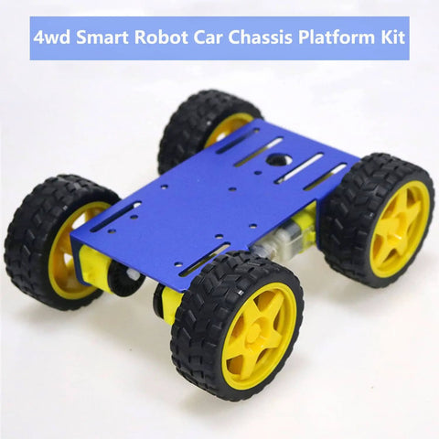 Four Wheel Drive Robot Car Chassis Kit With Metal Frame And Four TT Encoder DC Motors For Arduino Raspberry Pi Microbit DIY Remote Control Mobile Robotic Platform For Maker Education And Hands On Projects, showing metal frame and yellow wheels.