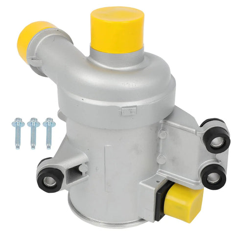 High Performance Electric Coolant Water Pump For Bmw X3 X5 And Volvo Xc90 Models 2.0L Turbo L4 Engines with yellow caps and bolts.