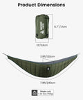 Olive green ultralight hammock underquilt 7.9ft x 3.9ft shown folded and expanded, ideal for 3-4 seasons camping.