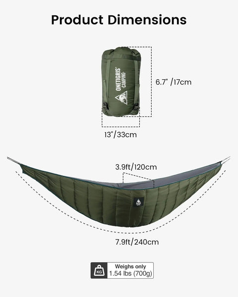 Olive green ultralight hammock underquilt 7.9ft x 3.9ft shown folded and expanded, ideal for 3-4 seasons camping.