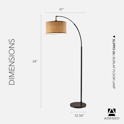 Arc Floor Lamp With Burlap Round Shade And Antique Bronze Base, 68 Inch Tall, Perfect Reading And Task Lighting For Your Living Room