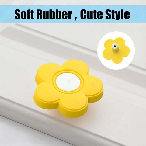 Yellow Flower Cabinet Knobs With Drawer Pulls For Closets Or Kids Rooms Super Smooth Soft Rubber Grip Over Solid Zinc Alloy Base 6 Piece Kit With Hassle Free Mounting Screws For A Quick Home Refresh - 47mm decorative knob.