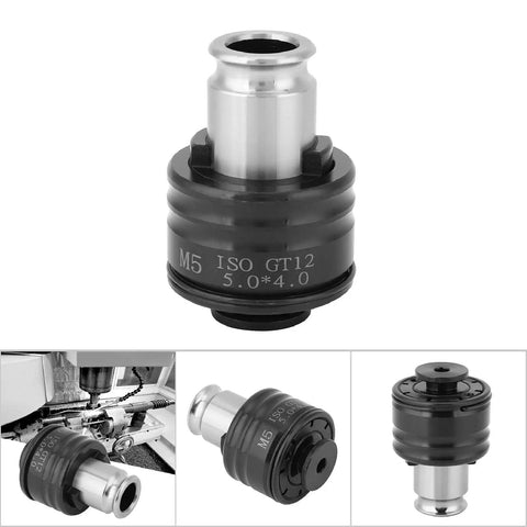 Torsion Type Tapping Chuck Collet Shank M5 for drilling machine, shown from multiple angles with beefy clamping force socket.
