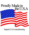 American flag with text 'Proudly Made in the USA, Support USA manufacturing'