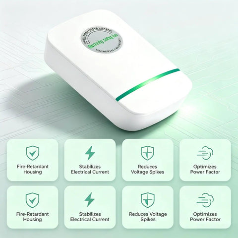 Power Pro Genius 2 Pack Household Voltage Stabilizer Box With Power Factor Optimization Tech on a light background, showcasing features.