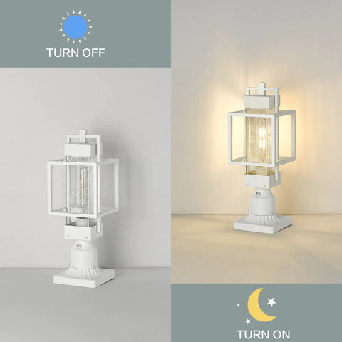 Dusk To Dawn Outdoor Post Light With Pier Mount Base, showing white weatherproof lantern with on/off sensor, clear seeded glass