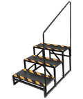 Heavy Duty Three Step RV Stair With Solid Handrail Steel Frame Rated For 600 LBS Load Capacity Tough design with yellow non-slip steps.