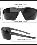 Tacana ANSI Z87.1 Safety Glasses for Men With Anti Fog Lenses, front and side view dimensions, high impact polycarbonate lenses