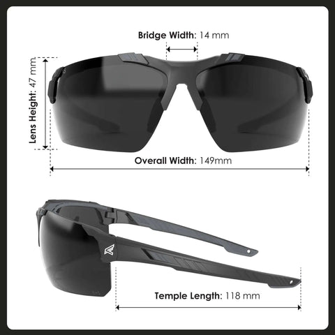 Tacana ANSI Z87.1 Safety Glasses for Men With Anti Fog Lenses, front and side view dimensions, high impact polycarbonate lenses