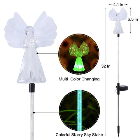 Two Pack Outdoor Solar Garden Lights With Color Changing LEDs, IP67 Waterproof Angel Decor Stakes with multi-color changing feature.