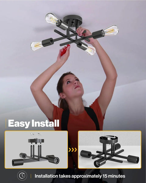 Person installing ceiling light fixture with visible sockets, emphasizing easy installation.