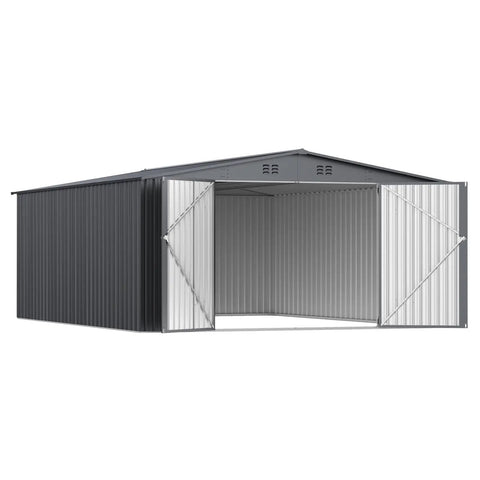 Heavy Duty 10 By 14 Ft Outdoor Metal Storage Shed With Waterproof Construction Lockable Double Hinged Door Reinforced Frame Sloped Roof And Vents