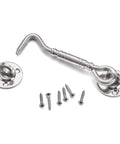 Two Pack Brushed Nickel Stainless Steel Hook And Eye Latch Four Inch Heavy Duty Barn Gate Door Lock with screws for mounting.