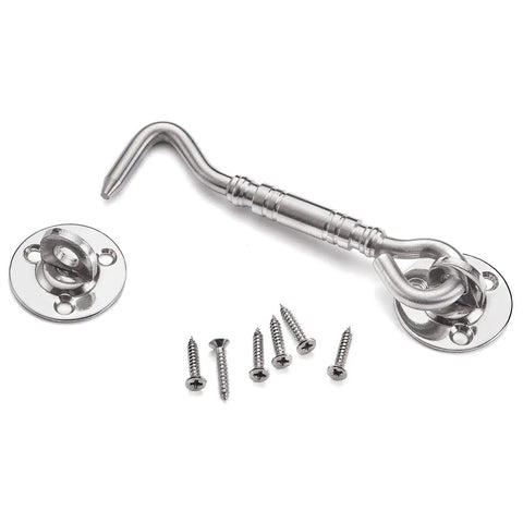 Two Pack Brushed Nickel Stainless Steel Hook And Eye Latch Four Inch Heavy Duty Barn Gate Door Lock with screws for mounting.