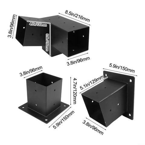 Beefy Slanted Roof Pergola Bracket Set With Wall Mount Steel Hardware For 4 By 4 Wood Posts For Porch Gazebo And Backyard Outdoor Structures Left 15 Degree Offset Rust Resistant in black, multiple angles displayed.