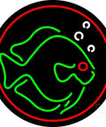 Neon fish sign glowing in green with red and white accents on a black background in a circular red border.