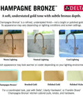 Champagne Bronze finish kitchen sink faucet with pull-down spray head, shown under warm, neutral, and cool lighting.