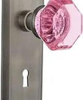 New York Plate With Keyhole Privacy Waldorf Pink Crystal Door Knob In Bright Chrome Two And Three Quarters Inch Backset, Complete One Door Set