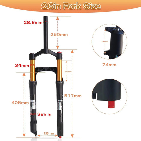 Diagram of the Fat Tire MTB Air Suspension Fork With Rebound Adjust, 120mm Travel, 135mm Hub, showing measurements in mm.