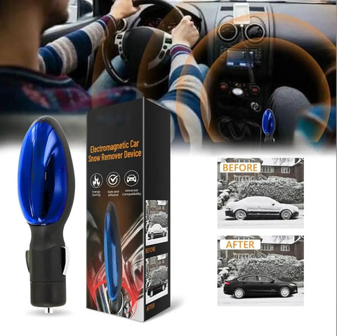 Electromagnetic car snow remover device with blue handle and packaging shown in use inside vehicle