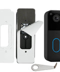 No Drill Doorbell Mount For Video Doorbell 2nd Gen Easy Install with adhesive backplate, black doorbell, and metal bracket.