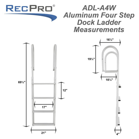 5 Step Stationary Dock Ladder With Beefy Aluminum Build 20 Inch Wide Marine Grade Dock Access For Boats Easy Flip Up Design And Quick Release Pin For Safe Boarding, front view with measurements
