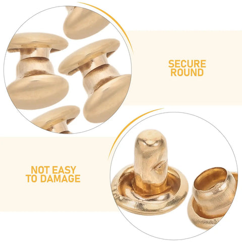 Golden Round Double Cap Rivet Fastener Kit, 100 DIY Sets For Crafts, Shoes, Bags, And Clothes, Durable Metal Snaps With Strong, Secure Closure For Decorative And Functional Repairs, gold round rivets close-up