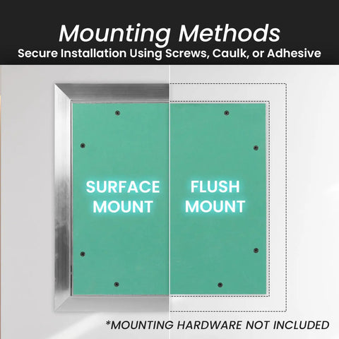 Solid Build 12X12 Inch Drywall Access Panel With Tough Aluminum Frame and Easy Click Finish showing surface and flush mount options.