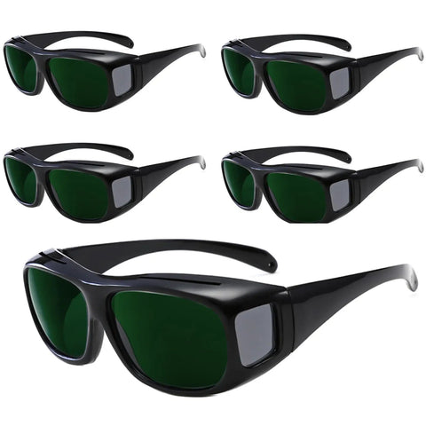 5-pack Laser Safety Glasses With Green Absorption Lens For Engravers And Cutters, black frames, side and front views