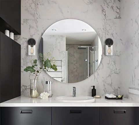 Cool Industrial Black Wall Sconces Two Pack With Cylindrical Clear Glass Shades For Bathroom Vanity Lighting in modern bathroom