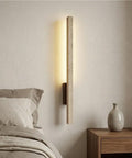 Linear Wall Sconce Wood Grain Strip Wall Light Slim Vertical Lamp Modern Minimalist Fixture Warm Lighting beside bed