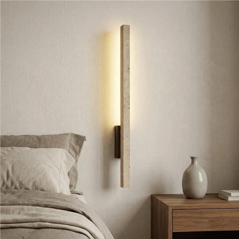 Linear Wall Sconce Wood Grain Strip Wall Light Slim Vertical Lamp Modern Minimalist Fixture Warm Lighting beside bed