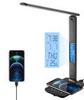 LED Desk Lamp With Wireless Charger And USB Port, Smart Table Light With Clock Alarm Date And Temperature, Gray Office Desk Lamp