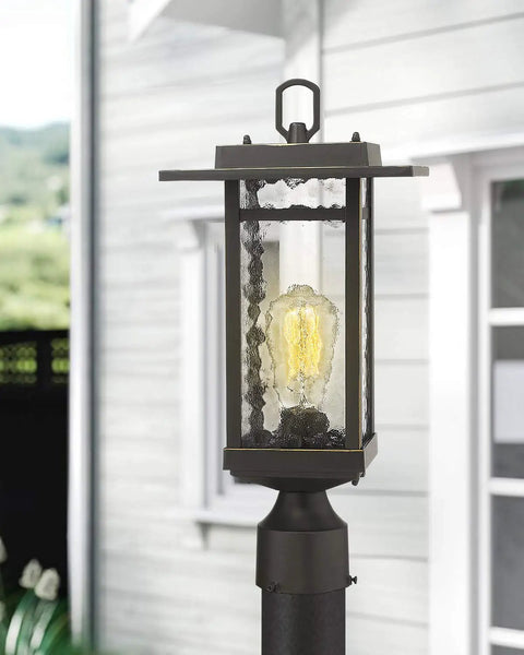 Dusk To Dawn Outdoor Post Light Set, 21-Inch Pier Mount Lantern in oil rubbed bronze, craftsman style with clear textured glass.
