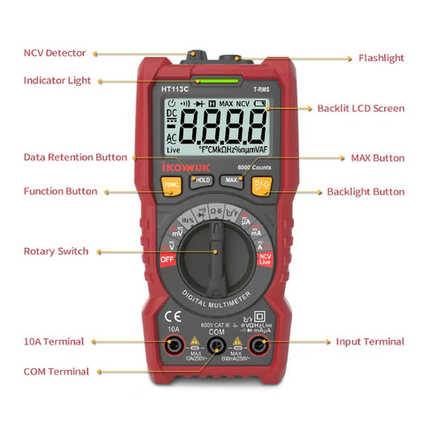 Front view of DIY Ready Pro Grade TRMS 6000 Counts Digital Multimeter showing buttons, screen, and terminals labeled in detail.