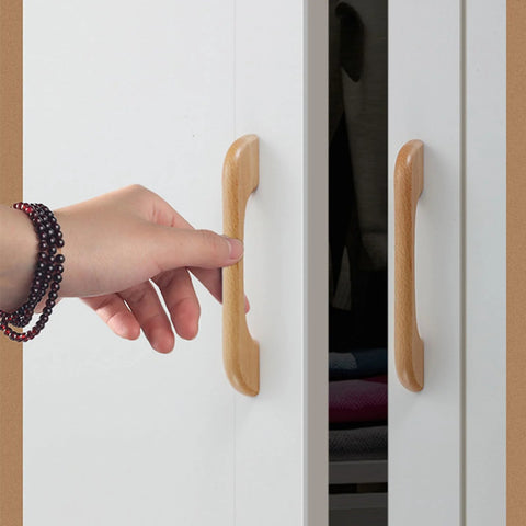 Hand using 4 Pcs Beech Wood Drawer Handles Flat Cabinet Pulls 128mm Center To Center Hole Distance For Furniture Dressers Cabinets Wardrobes