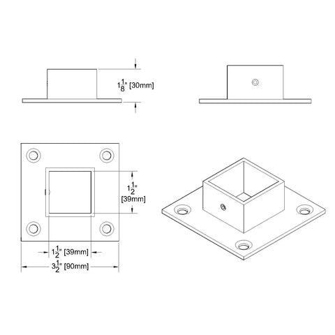 Technical drawing of Base Flange For 1-1/2 Inch Square Posts Floor Or Wall Mount Satin Finish 316 Grade Stainless