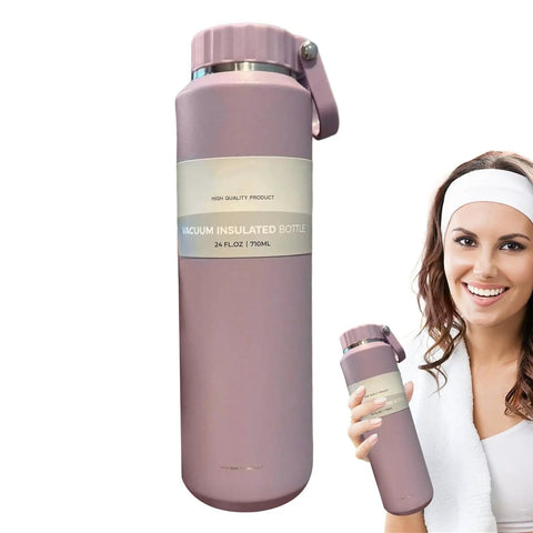 Woman holding Insulated Leakproof Stainless Steel Water Bottle 24 Oz Vacuum Hydration Flask For Sports Hiking Travel And Daily Use