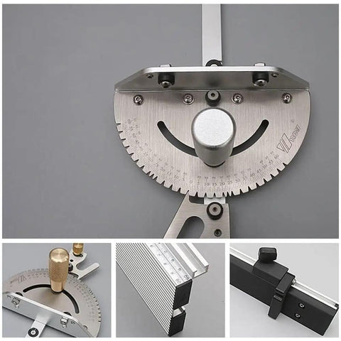 Rock Solid Aluminum Miter Gauge With Sleek Track Stop And Wide Adjustable Fence For Table Saws And Router Tables, detailed view, precision measurement scale.