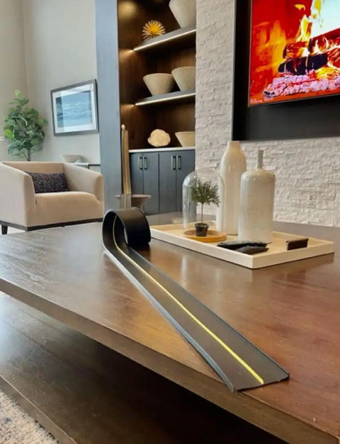 Flexible Race Car Track Set With Pressure Suction Cups, Two Lane Slot Track on a table in a living room, double-sided design
