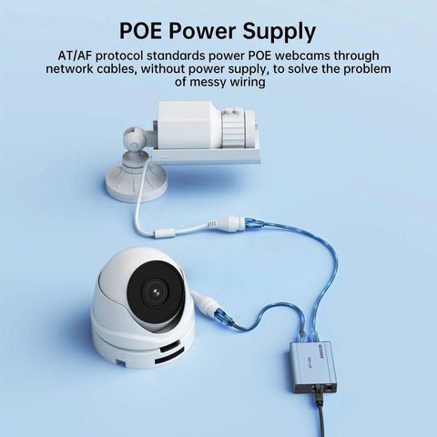 Upgraded 1 To 2 PoE Ethernet Splitter No Power Supply Needed connected to IP camera showing network cable setup