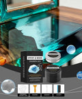 Pro Grade Epoxy Resin Polishing Kit with dope mirror finish compound, scratch removal tools, and sanding pads shown on countertop.
