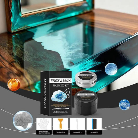 Pro Grade Epoxy Resin Polishing Kit with dope mirror finish compound, scratch removal tools, and sanding pads shown on countertop.