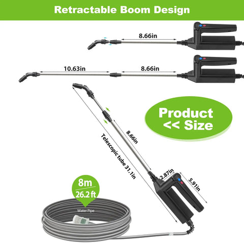 Cordless Garden Sprayer Wand With Telescopic 32 Inch Reach, hose 26.2 ft, adjustable wand lengths 8.66 in to 32 in, retractable design